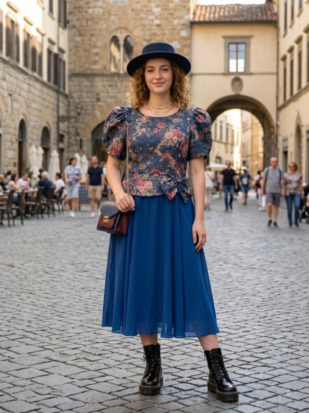 Vtg In The Mood Floral Puff Sleeve Midi Dress 16 Blue Brocade Side Bow Peplum